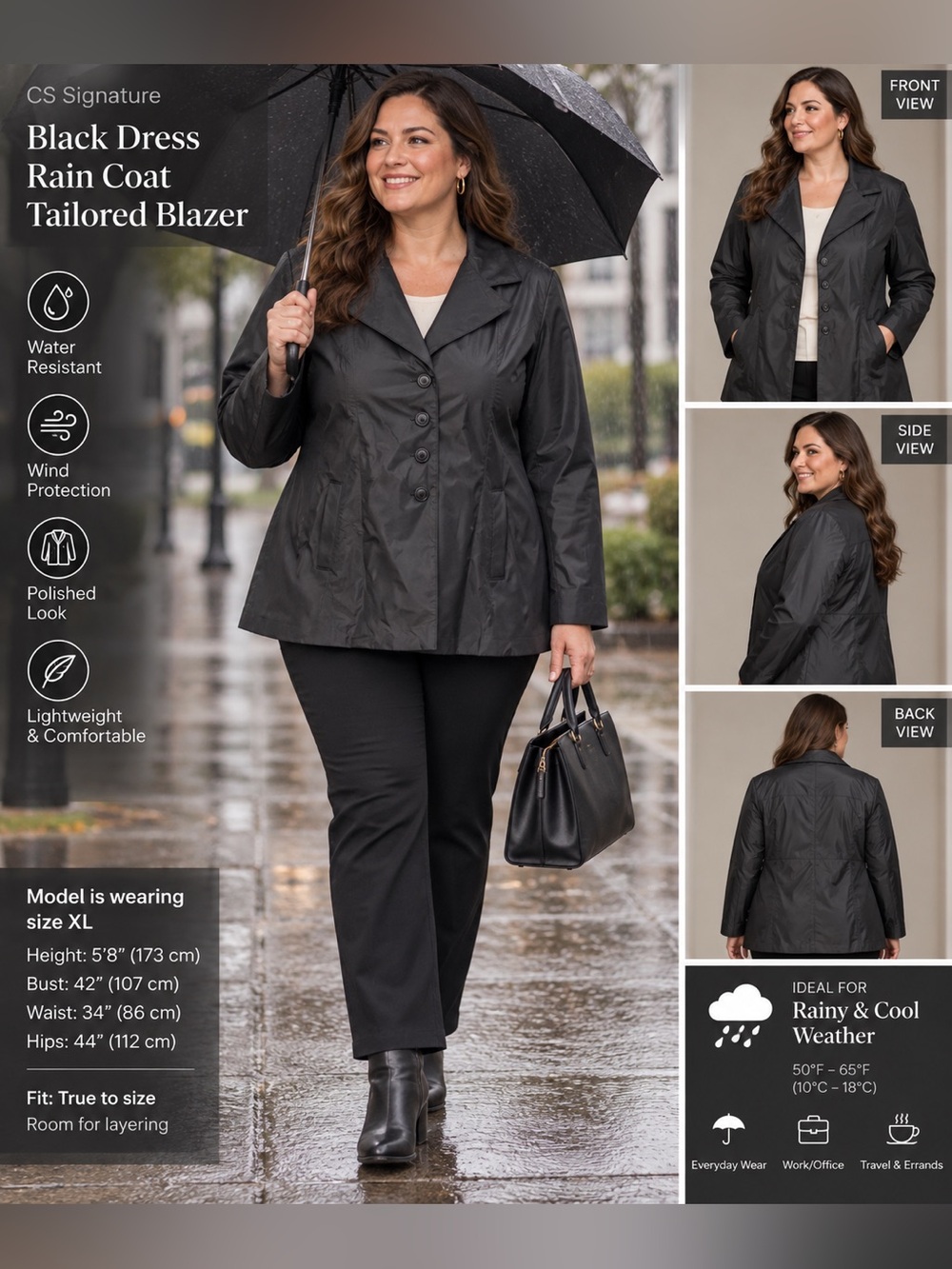 CS Signature Black Dress Rain Coat Tailored Blazer Jacket Women’s XL